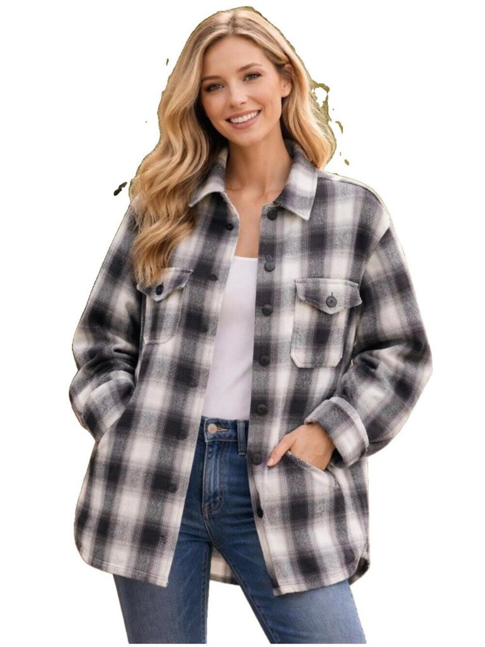Lucky Brand women Plaid Shacket Jacket Black/White Button Front Pockets 3XL